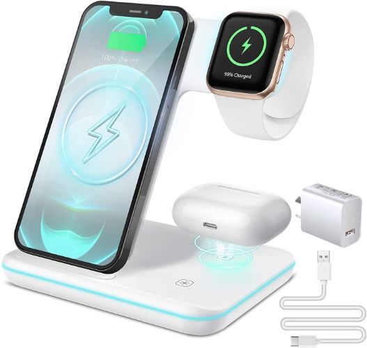 Wireless Charger 3 in 1,15W Fast Wireless Charging Station Compatible with iWatch 8/7/SE/6/5/4/3/2,Air Pods 3/2/Pro,iPhone 14 13 12 11 Series/XS MAX/XR/X/Samsung Galaxy S Note (with QC3.0 Adapter)