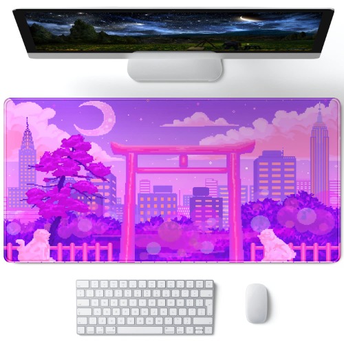 Cute Purple Gaming Mouse Pads Extended Mouse Pad XXL Gaming, Large Big Mousepad Laptop Computer Keyboard Mat Desk Pad with Non-Slip Base Stitched Edge, 31.5 X 15.7 Inch, Japanese Shrine Aesthetic