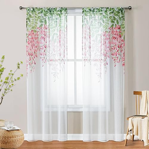 WUBODTI Green Leaf Sheer Curtains Pink Wisteria Flowers Pattern Drapes 2 Panel, Faux Linen Look Curtain Sheers for Living Room Bedroom Nursery Tulle Voile Window Treatments, 39" W x 79" L - Wisteria Floral 3 - 39"W x 79"L (Pack of 2)