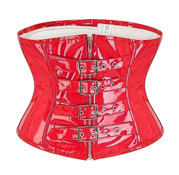 bslingerie Womens PVC Leather Underbust Waist Training Body Shaper Bustier Corset Top - Small - Red Buckles