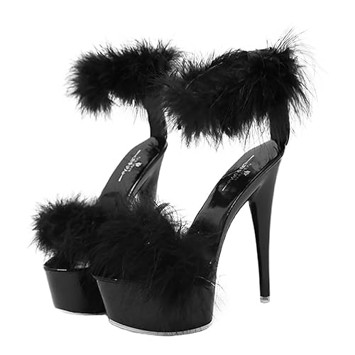 Holibanna Women High Heels Sandals with Feather Sexy Fashion Sandals Fluffy High Heels Shoes 1 Pair - 6 UK - Black