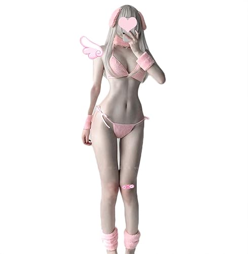 JasmyGirls Women Sexy Lingerie Set Furry Bunny Cosplay Costume Japanese Anime Micro Bikini Pink Bra and Panty Lolita Underwear