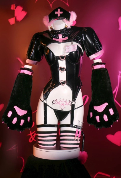 LOVE SHOT Devil Cat Nurse Style Sexy Lingerie Set Top and Panty with Claws and Thigh Socks