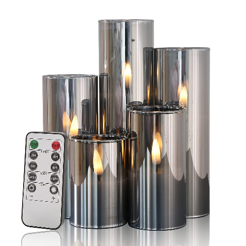 Eywamage 5 Pack Slim Grey Glass Flameless Pillar Candles Batteries Included, Flickering LED Candles with Remote D 2" H 3" 4" 5" 6" 7" - Gray