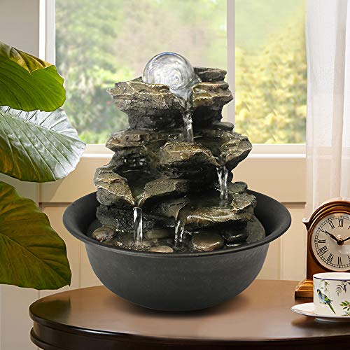 Spinning Orb Rock Cascading Tabletop Fountain, Zen Meditation Indoor Waterfall Feature with LED Light for Home Office Bedroom Relaxation - 8 3/10"