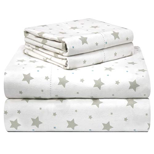Pointehaven 180 GSM Velvet Feel Luxury 100% Cotton Printed Flannel Sheet Set, Full, Stars - Warm & Cozy - Pre-Shrunk -Deep Pockets - Elastic All Around-Comfy Double Brushed - - Full - Stars
