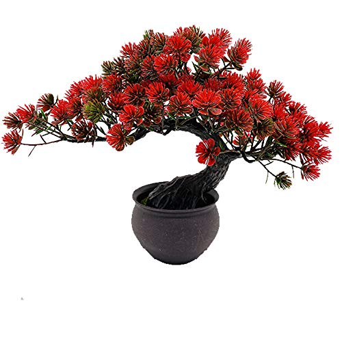 Fycooler Artificial Plants Artificial Bonsai Juniper Tree Potted Faux Japanese Pine Bonsai Simulation Zen Garden Fake Plant Artificial Bonsai Tree for Home Office Showcase Indoor Décor Desktop Display - Red