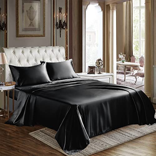 CozyLux Satin Sheets Full Size - 4 Piece Black Bed Sheet Set with Silky Microfiber, 1 Deep Pocket Fitted Sheet, 1 Flat Sheet, and 2 Pillowcases - Smooth and Soft - Black - Full