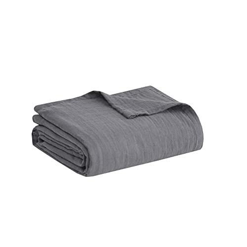 Clean Spaces 100% Cotton Soft Reversible Gauze Blanket, Cozy Farmhouse Design, All Season, Breathable and Lightweight Bed Cover for Summer, Full/Queen(90"x90") Charcoal - Full/Queen(90"x90") - Charcoal