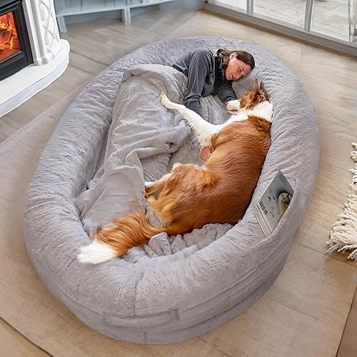 ODOXIA Human Dog Bed for Adults & Furry Friends | Warm & Comfortable Human Sized Dog Bed | Bean Bag Dog Bed | Giant Dog Bed for Humans & Pets | Light Grey | Detachable Cover & Blanket Included - Grey