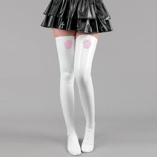 Latex Paw Thigh High Stockings - White Paw