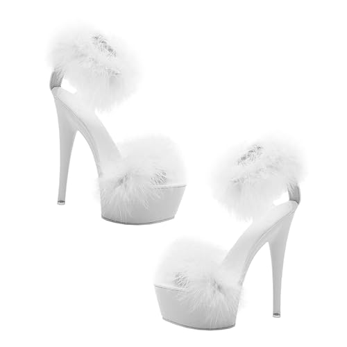 Happyyami Women Feather High Heel Sandals Sexy Fur Platform Pumps Ankle Strap Slippers Fashion Open Toe Crystal Sandals Fluffy High Heels Transparent Shoes for Summer Spring - 7.5 - White