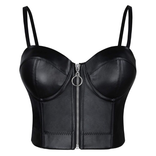 Charmian Women's Spaghetti Straps PU Leather Bustier Crop Top - Large Zipper Black