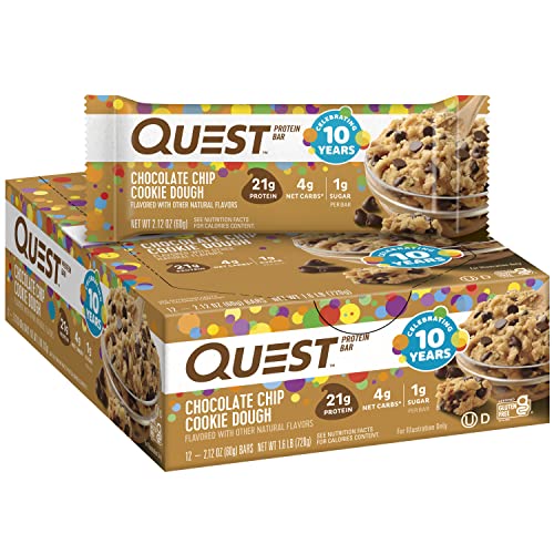 Quest Nutrition Chocolate Chip Cookie Dough Protein Bars, High Protein, Low Carb, Gluten Free, Keto Friendly, 12 Count - Chocolate Chip Cookie Dough - 12 Count