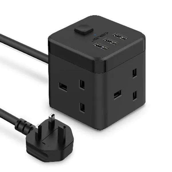 JSVER Cube Extension Lead with 3 USB Ports (5V/2.4A) 3 Outlet Power Strip with Switch Power Socket with 200cm Cable for Home, Office, Hotel, Travel -Black