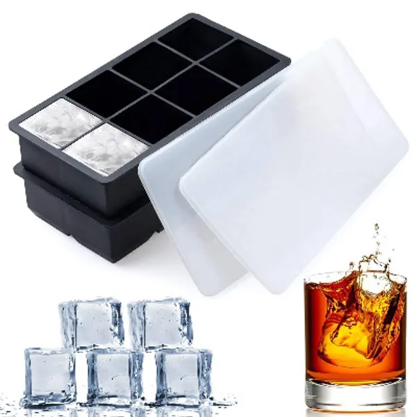 Large Square Ice Cube Trays - SLGOL 2 Pack Silicone Tray Set with BPA Free Plastic Lids for 8 Square Cubes Flexible Stackable Easy Release Freezer Molds for Whiskey, Cocktails, and Mixed Drinks