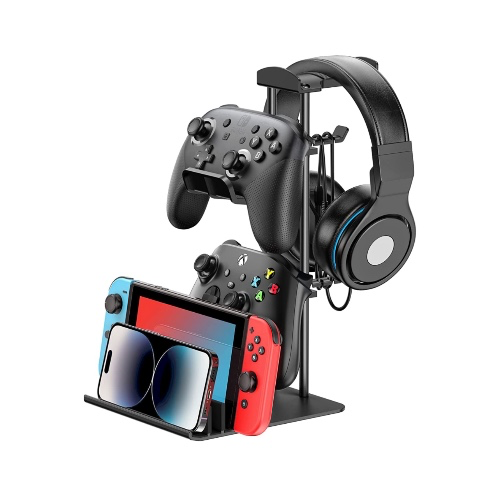 Headphone Stand, Game Controller Holder & Headset Holder for Desk, Earphone Stand with Aluminum Supporting Bar, Universal Storage Organizer Headphones/Controller/Switch/iPad/Mobile Phone