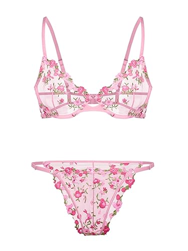 Lilosy Sexy Floral Embroidered Mesh Sheer Underwire Lingerie Set - Flower - Small - Flower Pink