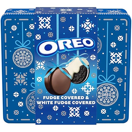 OREO Fudge and White Fudge Covered Chocolate Sandwich Cookies, Holiday Cookies, 1.03 lb Tin