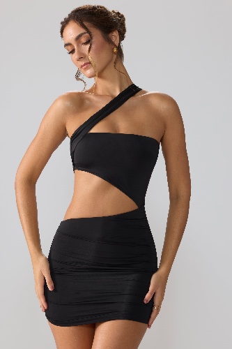Slinky Jersey Ruched Cut Out Mini Dress in Black | 8
