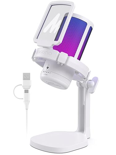 MAONO Microfono Gaming RGB, Microfono a Condensatore con Cancellazione del Rumore per Streaming Podcast Studio, Microfono USB per PS5/PS4/Mac con Luce RGB, Disattivazione One-Touch, Controllo Guadagno - Bianco