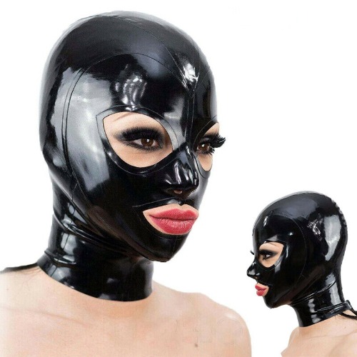 Black Latex Hood Zipper Open Eyes and Mouth Girl Rubber Mask Fetish BDSM Cosplay