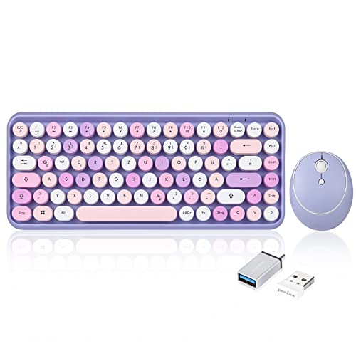 Perixx PERIDUO-713PP Kabellose Mini-Tastatur und Maus-Kombination - Retro runde Tastenkappen- Pastell Lila Flieder - Deutsches QWERTZ Layout - Flieder