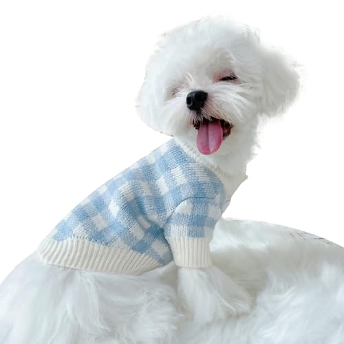 LiebeDD Hundepullover Kleine Hunde Pullis - Strick Pullover für Hund Winter Warm Klamotten Fleece Hunde Kleidung für Chihuahua Malteser Französische Bulldogge, Blau Plaid, M - M - Blau
