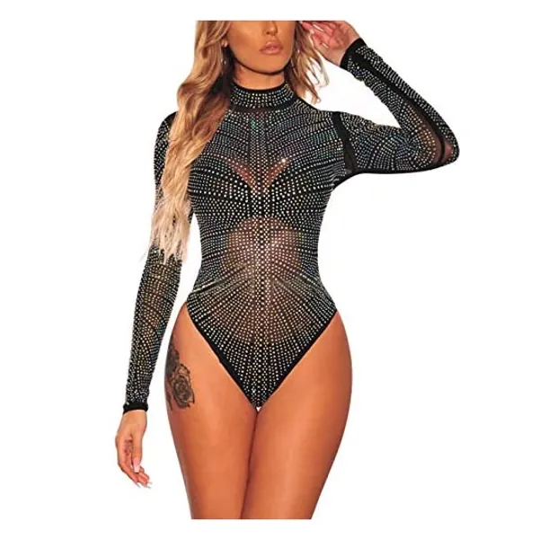 
                            ADEWEL Women's Long Sleeves Stretchy Sheer Mesh Leotard Bodysuit Jumpsuit Body Suit Tops
                        