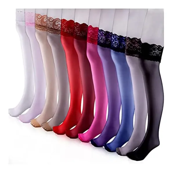 Duufin 11 Pairs Thigh High Stockings Lace Thigh High Socks Top Lace Stockings Sheer Thigh High Stockings for Women