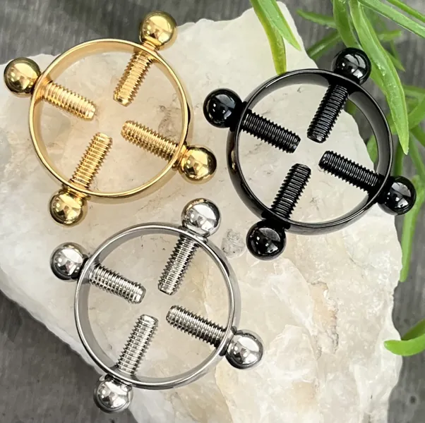 PAIR of Unique Non-Piercing Adjustable Screw Nipple Clamps -  Internal Diameter 17.5mm - Black, Gold & Silver Available!