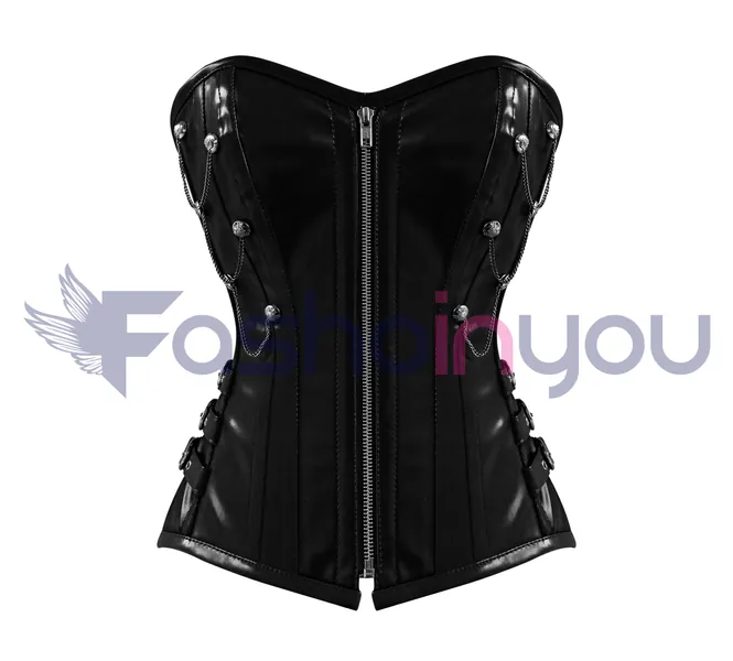 Hornbill Overbust Waist Reducing Faux Leather Corset Top For Gothic Punk Costume
