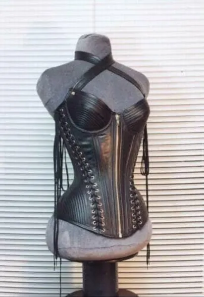 Women Genuine Leather Corset Steel Boned Over Bust Korsettkleid leder Back lace