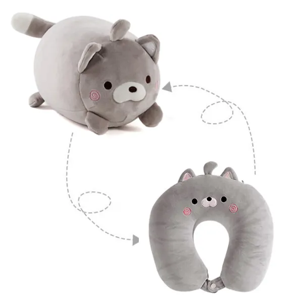 Nackenhörnchen Kraeoke 2 in 1 U-Form Nackenkissen Kopfkissen Nackenstützkissen Nackenstützen, Nackenhörnchen Verformung zur Plüsch Tier für Camping, Wandern, Auto, Flugzeug - Graue Katze