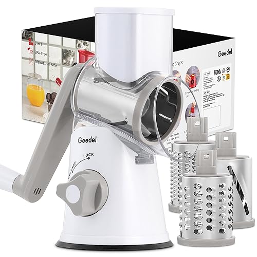 Geedel Rotary Cheese Grater, Kitchen Mandoline Vegetable Slicer with 3 Interchangeable Blades, Easy to Clean Rotary Grater Slicer for Fruit, Vegetables, Nuts - White - 3 Blades