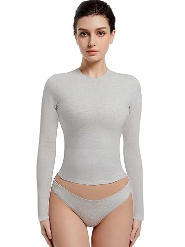 Abonlen Long Sleeve Shirts for Women Crewneck Basic Tees T Shirts Fitted Crop Tops Y2k Going Out Tops - Medium - Gray