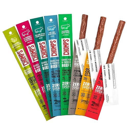 Chomps Variety Trial Pack, Grass Fed and Free Range Beef & Turkey Sticks, 8 Flavor Pack - Keto, Paleo, Whole30 - Trial Pack 8 Flavors - 1.15 Ounce (Pack of 8)