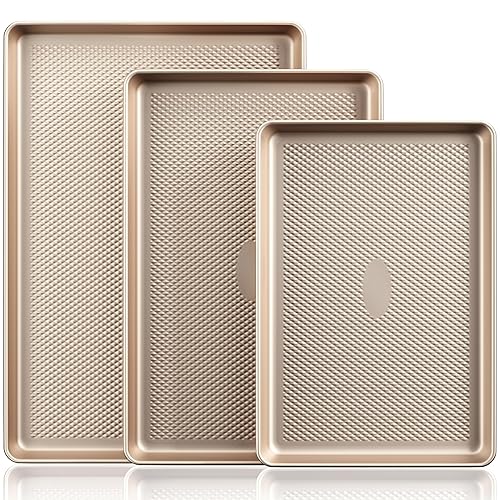 HONGBAKE Baking Sheet Pan Set, Cookie Sheets for Oven, Nonstick Half/Quarter/Jelly Roll Pans with Diamond Texture Pattern, Heavy Duty Cookie Tray - Champagne Gold