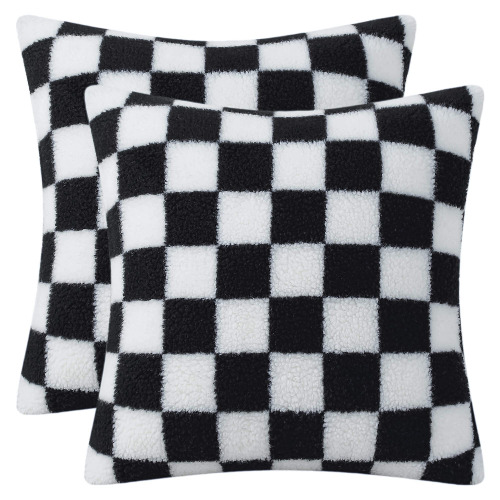 AmHoo Pack of 2 Decorative Throw Pillow Covers Checkerboard Luxury Super Soft Faux Fur Wool Set Case Cushion for Couch Sofa Bedroom 20 x 20-Inch Black