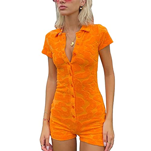 Kaipiclos Women Sexy Y2K Short Sleeve Bodycon Jumpsuit Print Pattern Buttons Overalls Playsuit One Piece Rompers - Orange #2 - Medium