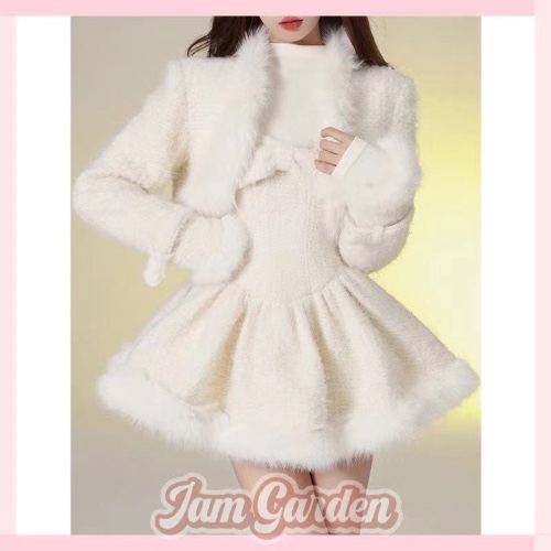 Adorable Frayed Edge Patchwork Jacket Dress Autumn/Winter Set | S / Set (Jacket + Dress)