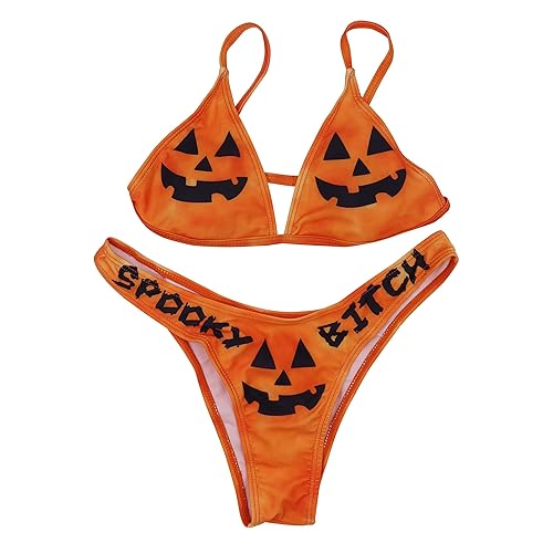 ANKOMINA Women Gothic Skull Letter Printed Two Piece Swimsuit High Cut Triangle Bikini Set for Rave Party Festival Halloween - X-Large - Orange