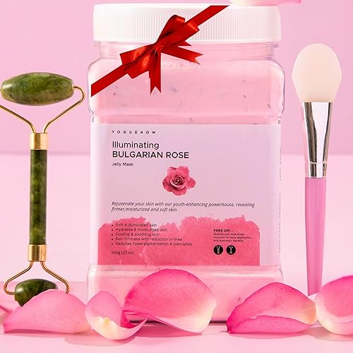 Jelly Face Mask for Facials - Bulgarian Rose Hydrating, Brightening & Nourishing Jelly Mask with Free Jade Roller & Spatula | Professional Hydrojelly Masks | Womens Christmas Gifts, Gift set for Women - Bulgarian Rose