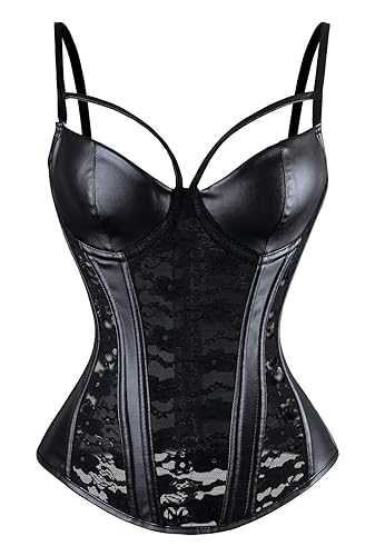 Charmian Women's Steampunk Gothic Lace Corset Bustier Faux Leather Bra Lingerie - Medium - Black