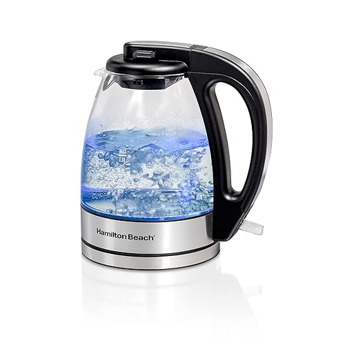 Hamilton Beach Glass Electric Tea Kettle, Water Boiler & Heater, 1 Liter, 1500 Watts for Fast, BPA Free, Cordless Serving, Auto-Shutoff & Boil-Dry Protection, Soft Blue LED (40930) - Glass - 1.1 Quarts