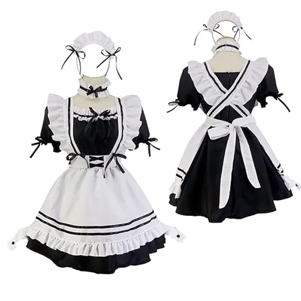 CarolynDesign Signore Giapponese Anime Sissy Maid Dress Outfit Francese Grembiule Costume Cosplay Set - Nero - M