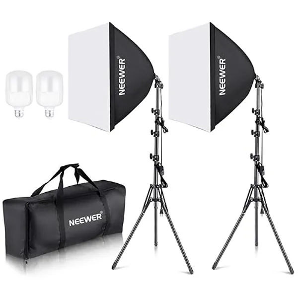 NEEWER 700W Equivalente Softbox Kit Illuminazione, Confezione da 2 5700K Lampadine a LED, 24" x24" Softbox con Presa E27, Kit Illuminazione Continua per Fotografia Attrezzatura da Studio Fotografico - Con confezione da 2 lampadine