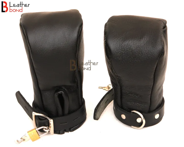 Real Cow Hide Leather Fist Mitts Gloves Restraint Bondage Lockable 2 Pieces