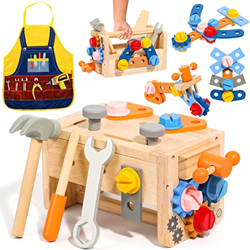 TONZE Kids Tool Set with Apron, Wooden Toddler Tool Bench Montessori Toys for 2 3 4 Year Old, 39 PCS Educational STEM Construction Toys Pretend Play Toddler Tools Birthday Gift for Age 2-4 Boy & Girl - Toddler Tool Set with Apron