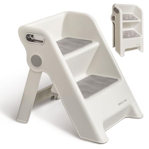 UNCLE WU Foldable 2-Step Stool for Kids -Potty Seat Training Aid with Safety Handles,Durable - Perfect for Potty Training, Bathroom Sink,Kitchen Stand Stool & Bedroom Step Stool - White